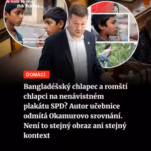 Čteme Romea.cz: Bangladéšský chlapec a romští chlapci na nenávistném plakátu SPD? Autor učebnice odmítá Okamurovo srovnání. Není to stejný obraz ani stejný kontext