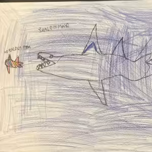 Pohádka na motivy - žralok, korálová ryba, dinosaurus, ptáček a strom.